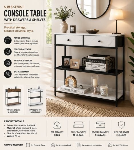 Console Table Vintage Brown-Black Narrow or Marble White