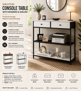 Console Table Vintage Brown-Black Narrow or Marble White