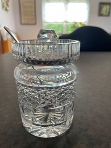 Vintage glass honey  / jam jar, lid with spoon