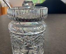 Vintage glass honey  / jam jar, lid with spoon