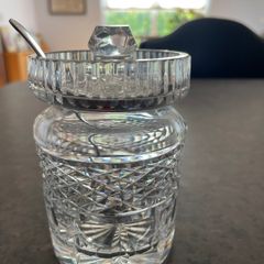Vintage glass honey  / jam jar, lid with spoon