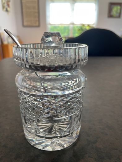 Vintage glass honey  / jam jar, lid with spoon