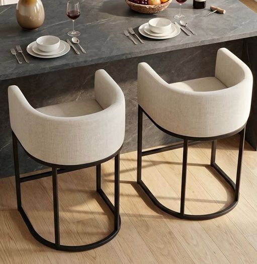 Height Bar Stools Set of 2, 24 Inch Seat Height Barstools for Dining Room, Fabric Upholstered Bar Chair for Kitchen Island, Linen Counter Stools with Metal Legs, Beige