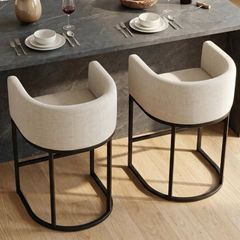 Height Bar Stools Set of 2, 24 Inch Seat Height Barstools for Dining Room, Fabric Upholstered Bar Chair for Kitchen Island, Linen Counter Stools with Metal Legs, Beige