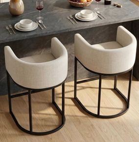 Height Bar Stools Set of 2, 24 Inch Seat Height Barstools for Dining Room, Fabric Upholstered Bar Chair for Kitchen Island, Linen Counter Stools with Metal Legs, Beige