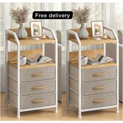 Bedside Table with 3 Fabric Drawers and Open Shelf, Nightstand for Bedroom