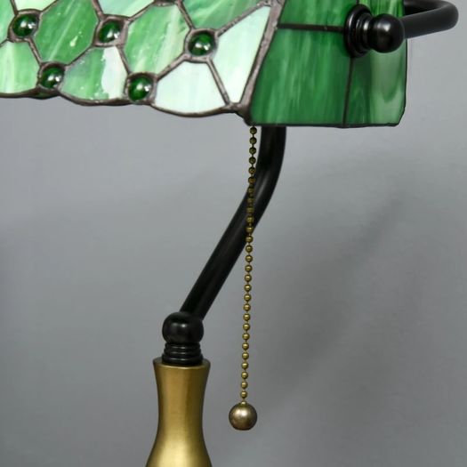 Stained Glass Table Lamp, Vintage Lamp with Green Handmade Shade, Metal Base, Antique Bedside Lamp for Bedroom Living Room Home Decoration