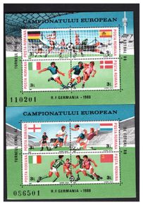 Euro 88 Football/ Soccer Stamp Commemorative Miniature Sheets issued by Romania showing Ireland's participation in the Championship
