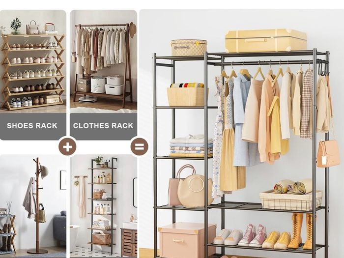 Clothes Rail with Shelves Metal Wardrobes for Bedroom Clothing Rack Open Wardrobe, With 4 Tiers Shelves, Portable & Free Standing, Clothes Rails for Bedroom