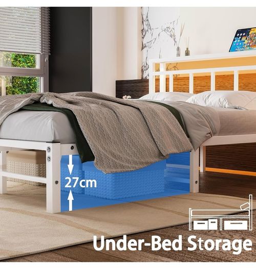 Double Bed Frame with Storage Headboard,4ft6 Bed Frame Double Bed Base with Charging Station and LED Lights,Metal Platform Double Bed 135x190,Mattress Base No Box Spring Needed,No Noise,White