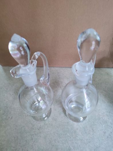 Vintage Hand Blown Cut Glass Set of 2 Small Glass Decanters for Oil and Vinegar or wine carafe.