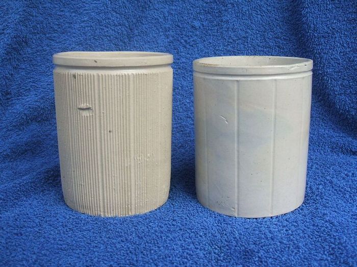 W. P. HARTLEY (jams, marmalades & jellies) - two antique stoneware jars, one with lighthouse imprint (c.1900)