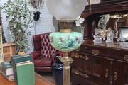 Antique Victorian Corinthian Column Oil Lamp Mint Green Floral Font