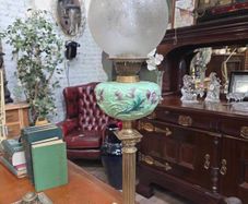 Antique Victorian Corinthian Column Oil Lamp Mint Green Floral Font