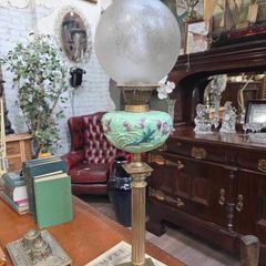 Antique Victorian Corinthian Column Oil Lamp Mint Green Floral Font