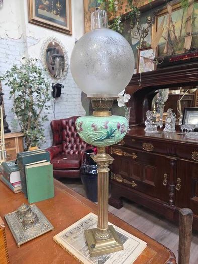 Antique Victorian Corinthian Column Oil Lamp Mint Green Floral Font