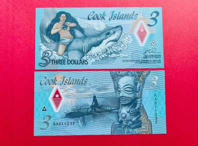 Cook Islands  3 Dollars  2021. Polymer / Plastic. ( Uncirculated )