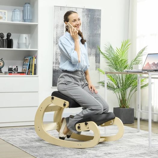 Kneeling seat, wooden ergonomic seat with rocking function, adjustable kneeling chair for home office