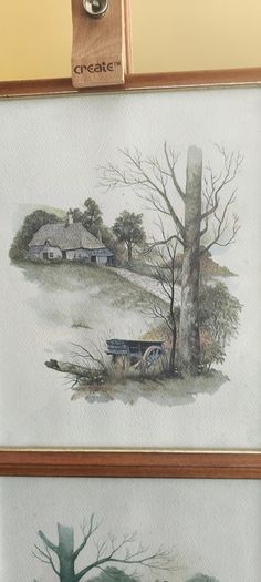 BY, F. Massa, Set Of 3 Vintage Framed watercoulored Drawings Prints Countryside