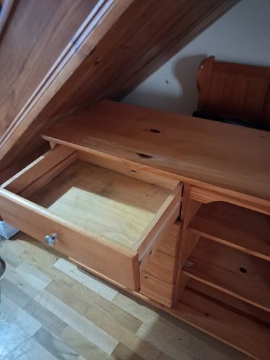 Pine mid-sleeper bed with storage shelf