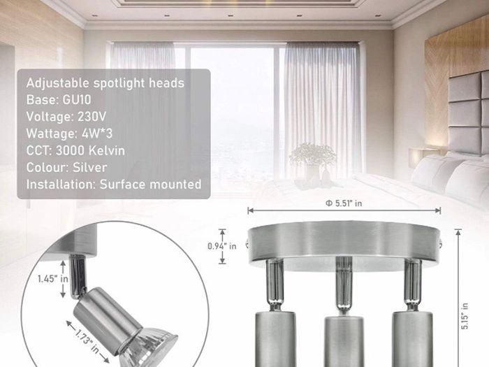 LED Ceiling Light Rotatable,Hansang 3 Way Round Plate Ceiling Spotlight,3000K Warm White Ceiling Mounted,400LM Track Lighting Fixture (LED Light Bulbs Included)