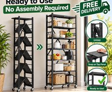 6 Tier Foldable Metal Storage Shelving Unit Black Heavy Duty Rack with Wheels No Assembly Required
