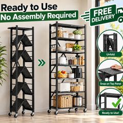 6 Tier Foldable Metal Storage Shelving Unit Black Heavy Duty Rack with Wheels No Assembly Required
