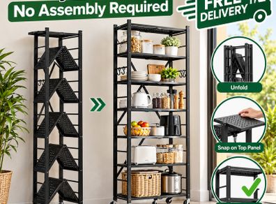6 Tier Foldable Metal Storage Shelving Unit Black Heavy Duty Rack with Wheels No Assembly Required