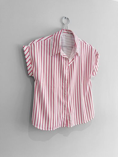New Pink + White Striped Short Sleeve Shirt