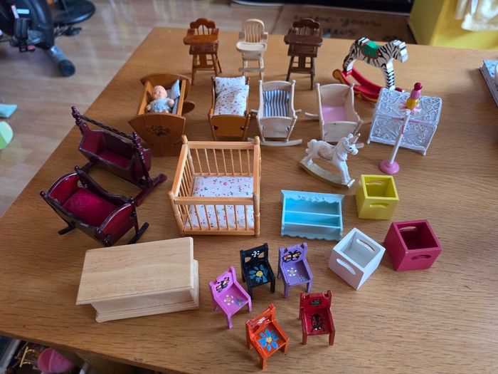 Dolls house furniture for nursery, cradles, highchairs and more