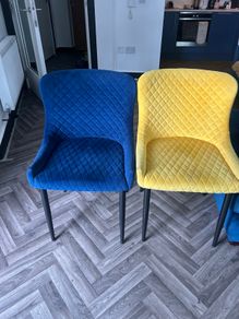 4 velvet dining chairs - 2 blue and 2 yellow