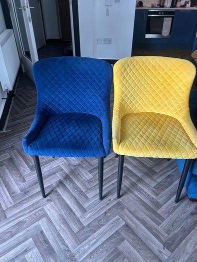 4 velvet dining chairs - 2 blue and 2 yellow