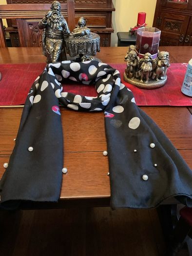 Samoon. FURTHER REDUCED.   Scarf In Black With White Polka Dots And A Littlle  Blue and Pink Also , With Decorative Pearls At The End