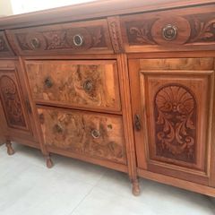 Antique sideboard, solid oak with walnut veneer.