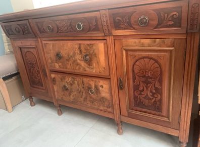 Antique sideboard, solid oak with walnut veneer.
