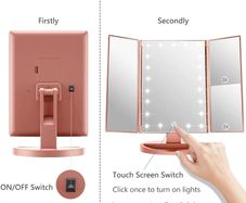 Makeup Mirror, 1x/2X/3X Trifold Makeup Mirror with 21 LED Lights and Adjustable Touch Screen Mirrors Cosmetic Countertop Mirrors (Rose Gold)