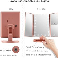 Makeup Mirror, 1x/2X/3X Trifold Makeup Mirror with 21 LED Lights and Adjustable Touch Screen Mirrors Cosmetic Countertop Mirrors (Rose Gold)