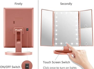 Makeup Mirror, 1x/2X/3X Trifold Makeup Mirror with 21 LED Lights and Adjustable Touch Screen Mirrors Cosmetic Countertop Mirrors (Rose Gold)