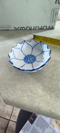 Andrea by Sadek Lotus Bowl Blue White Porcelain Floral Trinket Dish 4.5 Inch