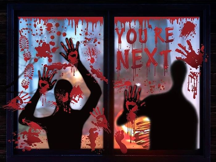 Halloween Window Stickers Bloody Hands Scary Halloween Window Clings Large Shadow Realistic Bloody Footprints DO NOT Enter Double-Sided Halloween Window Decorations