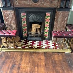 Vintage Chesterfield fireplace fender seat - brass and red leather