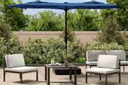 Double-Head Garden Parasol with LEDs Azure Blue 316x145 cm