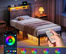 3ft Single Bed Frame with Storage Wooden Headboard, LED Light & Charging Station