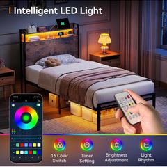 3ft Single Bed Frame with Storage Wooden Headboard, LED Light & Charging Station
