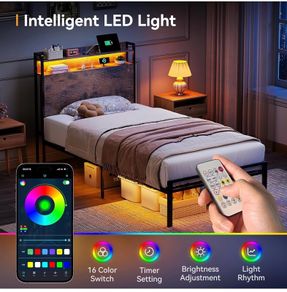 3ft Single Bed Frame with Storage Wooden Headboard, LED Light & Charging Station