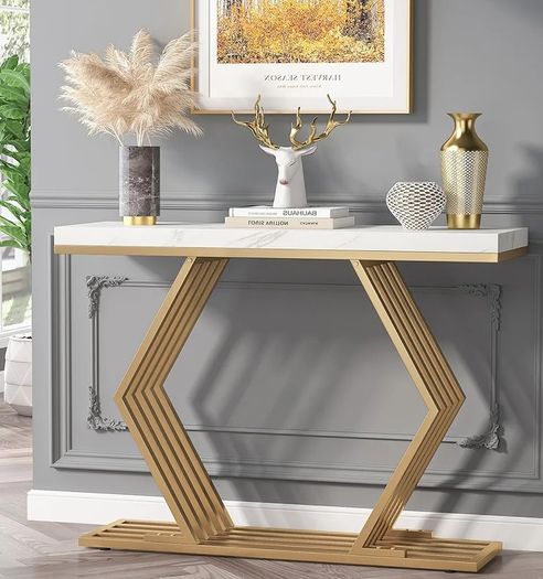 Console Table With Gold Geometric Metal Legs 108 X 30 X 90 Cm White ...