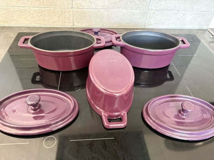 Three Unused Purple Iron Enamel Mini Casseroles