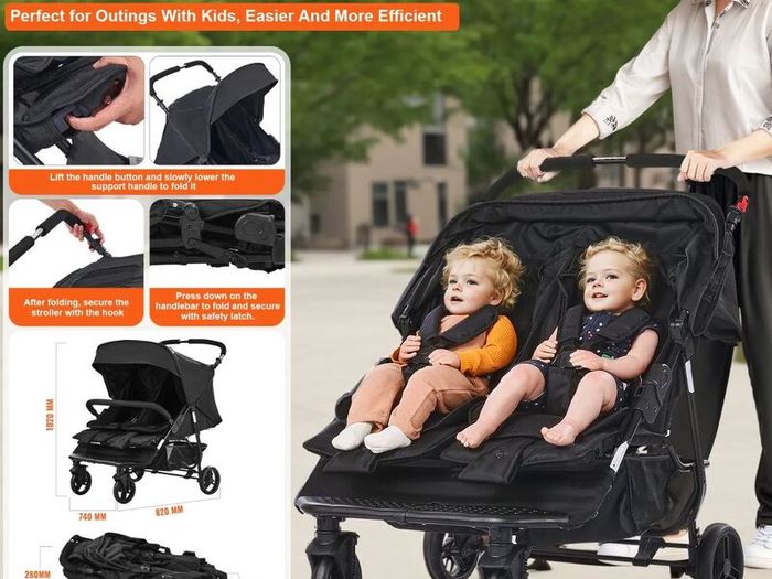 Double Stroller, Side x Side, Foldable Lightweight Twin Stroller with Tandem Seating, Adjustable Footrest/Rotating Handle, Wrap-Around Safety Harness,Storage Basket,for Newborn & Toddler (Black)