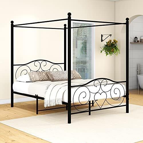 5ft King Canopy Bed Frame Platform, 150x200cm Kingsize Bed Frame with Vintage Headboard and Footboard, Heavy Duty Steel Slats and Support with Mattress Foundation,Black