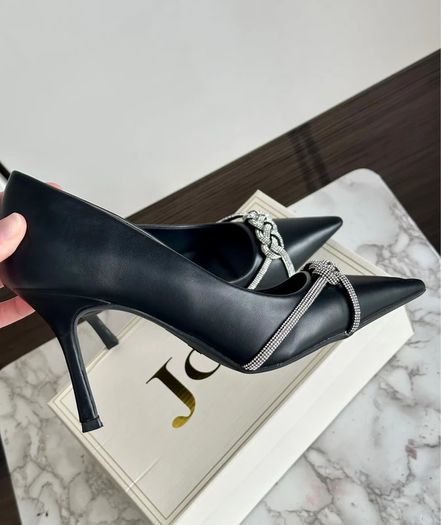 Black pointed toe high heels with rhinestone chain detail - size 40